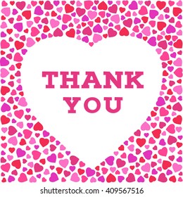 Thank you inscription with stylized heart symbol made of small heart shapes on white background. Greeting card, poster with typography. EPS 10 vector illustration.