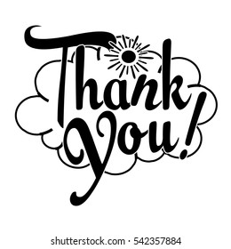 Thank You inscription. Vector card. Isolated lettering with sun and blue cloud.
