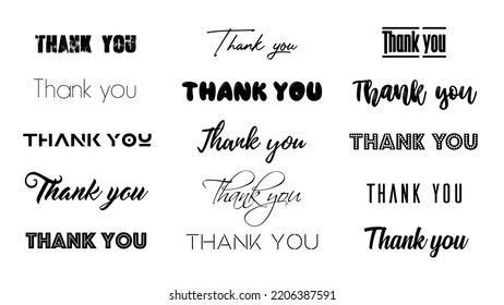 Thank You inscriptions set. Calligraphy and lettering text for thanks card. Thanksgiving message. Vector illustration