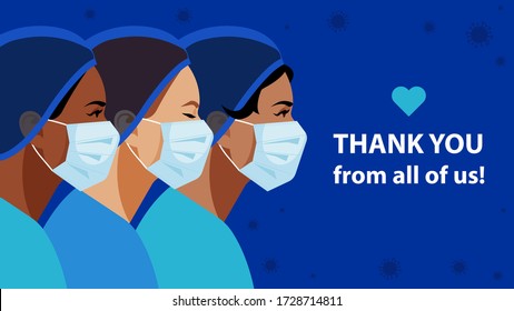 THANK YOU. International Nurses Day. Nurses in medical mask and hat. Virus symbol in the air. Medical staff are fighting a viral infection. Vector illustration of a nurse in blue uniform on a blue.