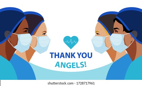THANK YOU. International Nurses Day. Multi-ethnic women in the uniform of medical staff. Vector illustration of a nurse in blue uniform on a blue. Greeting card.