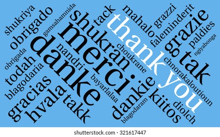 Thank You international word cloud on a blue background. Each word in this word cloud is another language's version of the word"Thank You