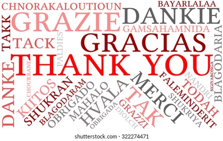 Thank You international word cloud on a white background. Each word in this word cloud is another language's version of the word Thank You.
