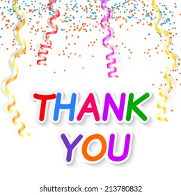 Thank you isolated on white background with streamers and confetti. Vector illustration.