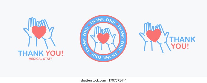 Thank you. Isolated phrase with silhouette of hands holding a heart symbol on the palms on white background. Logo or emblem design for poster, web banner or social media. Thank you medical staff set. 