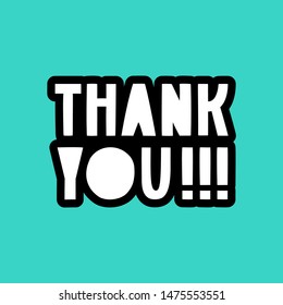Thank you isolated white typography. Thanksgiving greeting card, message, postcard element on turquoise background. Stylized inscription with black outline. Gratitude phrase, quote sticker, badge