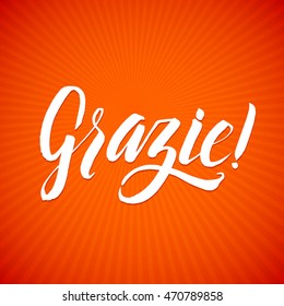 Thank You. Italian Hand lettering handmade vector calligraphy sun shiny background.