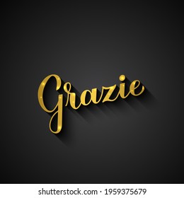 Thank you in Italian language. Gold lettering on black background. Vector template for wedding thank you card, tag, banner, poster, label, etc.