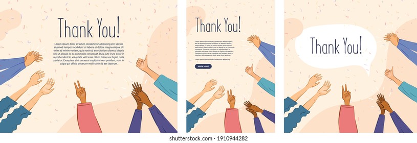 Thank you joyful poster. Hands clapping on pastel background. Motivational gratitude for people. Can be adapted to print posters, in apps and social media creatives.