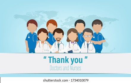 Thank you label with set of doctor and nurses flat design vector illustration