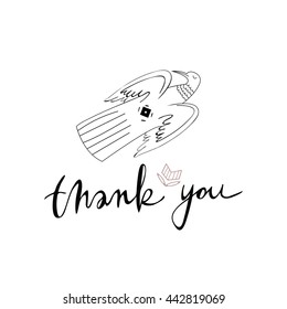 Thank you label with stylized pigeon black and white. 