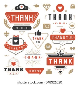 Thank You Labels and Badges typography design elements set. Hearts, Ribbons, Thumb up icons and Crowns. For Greetings cards, emblems, stickers, tags, posters and other.