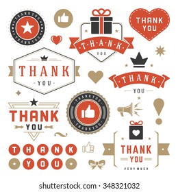 Thank You Labels and Badges typography design elements set. Hearts, Ribbons, Thumb up icons and Crowns. For Greetings cards, emblems, stickers, tags, posters and other.