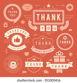 Thank You Labels and Badges typography design elements set. Hearts, Ribbons, Thumb up icons and Crowns. For Greetings cards,  stickers, tags, posters and other. Thanks Cards Note, Thank You Sign.