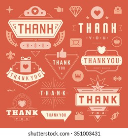 Thank You Labels and Badges typography design elements set. Hearts, Ribbons, Thumb up icons and Crowns. For Greetings cards,  stickers, tags, posters and other. Thanks Cards Note, Thank You Sign.