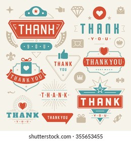 Thank You Labels and Badges typography design elements set. Hearts, Ribbons, Thumb up icons. Greetings cards,  stickers, posters and other. Thank You Cards, Thank You Signs, Thank You Labels. 