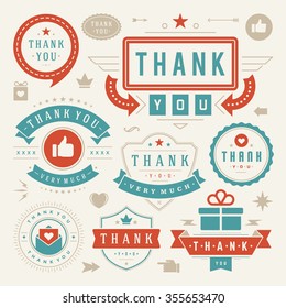 Thank You Labels and Badges typography design elements set. Hearts, Ribbons, Thumb up icons. Greetings cards,  stickers, posters and other. Thank You Cards, Thank You Signs, Thank You Labels. 