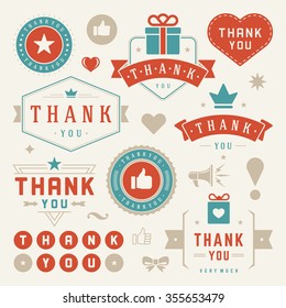 Thank You Labels and Badges typography design elements set. Hearts, Ribbons, Thumb up icons. Greetings cards,  stickers, posters and other. Thank You Cards, Thank You Signs, Thank You Labels. 