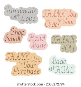 Thank you labels, small handmade business printable packaging stickers to cut and put on envelopes, gift boxes, packages, vector illustration 