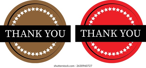 Thank You Labels with Star Border – Brown and Red Round Emblems with Ribbon