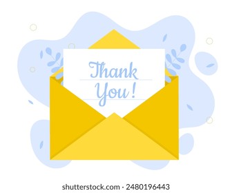 Thank you letter. Envelope with grateful message. Greeting postcard template. Kindness and good relationship. Calligraphic handwriting blue inscription. Cartoon flat vector illustration