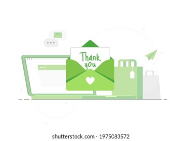 Thank you letter in an envelope receiving for ordering via the Internet. Green color. Flat design isolated on white background
