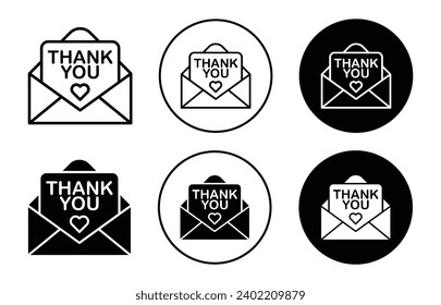 thank you letter icon. kind greeting message paper card in envelop for thank you for purchase product logo sign set. thanks lettering email postcard with love heart text symbol vector. 