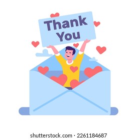 Gracias, carta y hombre con nota de gratitud. Gracias gente. Feliz hombre de pie en el sobre. Persona mostrando pancartas con palabras de agradecimiento. Mensaje de saludo. Vector