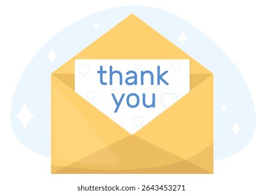 Thank you letter in yellow envelope with words on white sheet of paper. Communication message. Gratitude lettering. Correspondence document. Send post mail with thankfulness. Note page. Vector concept