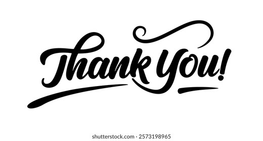 thank you lettering in black script font with elegant swirls on a white background, perfect for cards, business branding, marketing, and gratitude-themed designs