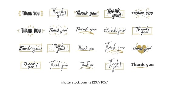 Thank you lettering. Black text word with gold stars. Hand drawn message design. Handwritten modern brush typo isolated vector. Scratched calligraphy style.