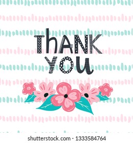 Thank you lettering card on cute textured hand drawn background in spring pastel colors