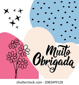 Thank you lettering card. Translation from Portuguese - Thank you very much. Muito obrigado. Perfect design for greeting cards, posters, banners, print invitations.