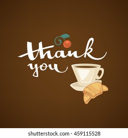 thank you lettering composition with cup of coffee on dark brown background