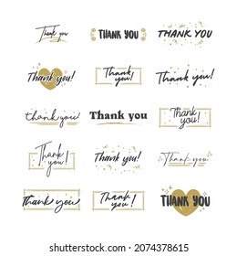 Thank You lettering compositions written with decorative calligraphic font. Bundle of gratitude phrase decorated with cute elements. Hand drawn thanks vector quotes.