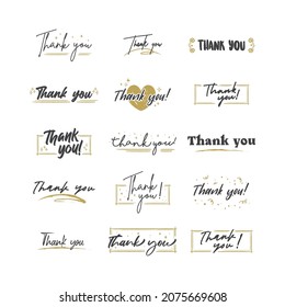 Thank You lettering compositions written with decorative calligraphic font. Bundle of gratitude phrase decorated with cute elements. Hand drawn thanks vector quotes.