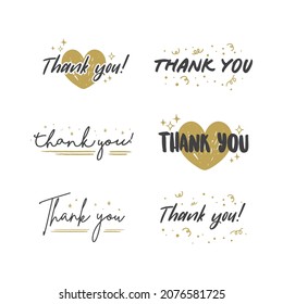 Thank You lettering compositions written with decorative calligraphic font. Bundle of gratitude phrase decorated with cute elements. Hand drawn thanks vector quotes.