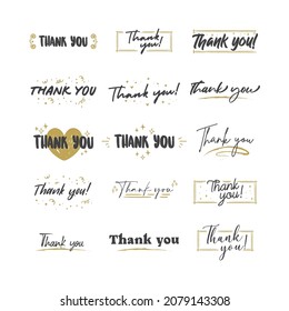 Thank You lettering compositions written with decorative calligraphic font. Bundle of gratitude phrase decorated with cute elements. Hand drawn thanks vector quotes.