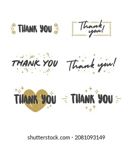 Thank You lettering compositions written with decorative calligraphic font. Bundle of gratitude phrase decorated with cute elements. Hand drawn thanks vector quotes.