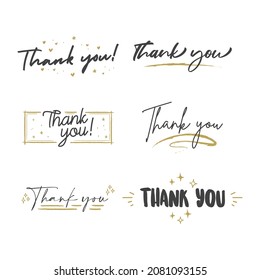 Thank You lettering compositions written with decorative calligraphic font. Bundle of gratitude phrase decorated with cute elements. Hand drawn thanks vector quotes.