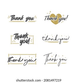 Thank You lettering compositions written with decorative calligraphic font. Bundle of gratitude phrase decorated with cute elements. Hand drawn thanks vector quotes.