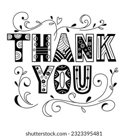 Thank you lettering in doodle style. Vector black and white illustration