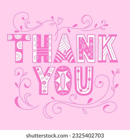 Thank you  lettering in doodle style. Vector color illustration in pink background