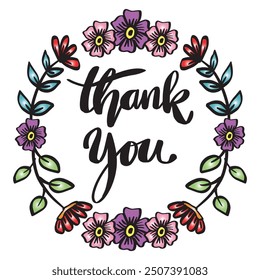 Thank you lettering with floral frame. Hand drawn vector illustration.