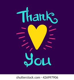 Thank You lettering, greeting card with red heart and hand written quote, vector poster, EPS 8