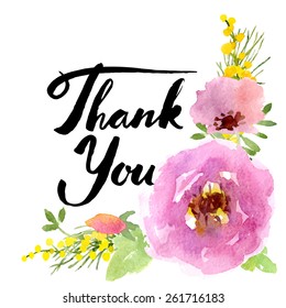 Thank you lettering. Hand written text. Vector watercolor flower card in bohemian style.