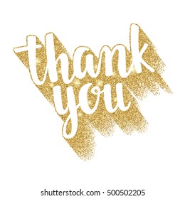 Thank you. Lettering handwritten brush calligraphy for social media contests and special offer. Decorative illustration with golden glitter texture for your blog design on white background.