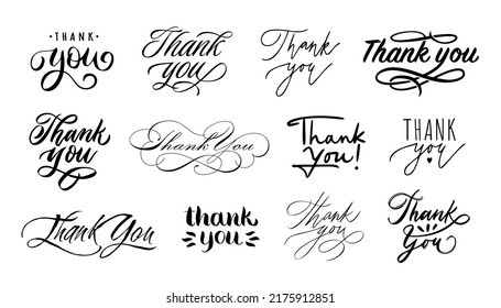 Thank you lettering. Handwritten calligraphic words of thanks, thanking tags for letter or card design vector set. Elegant text writing of different type style with ornament for postcards