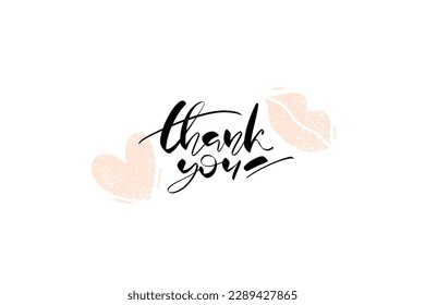 Thank you lettering. Ink hand written phrase with textured lips and heart icons. Vector design for cards, stickers, banners, social media, prints.