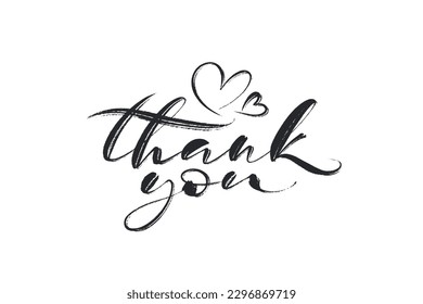 Thank you lettering. Ink hand written phrase with linear heart icons. Vector design for cards, stickers, banners, social media, prints.